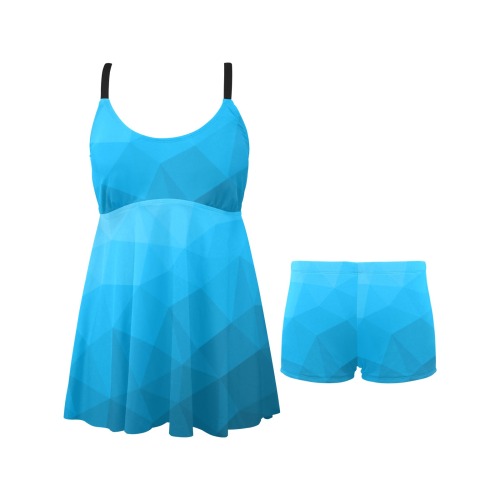 Cyan gradient geometric mesh pattern Chest Pleat Swim Dress (Model S31)