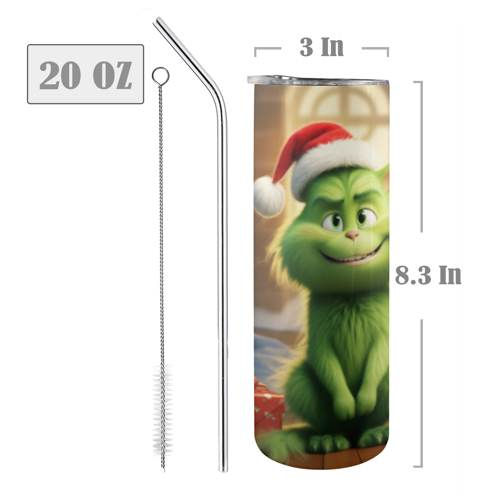 Naughty Green Christmas Grinch Cat 20oz Tall Skinny Tumbler with Lid and Straw