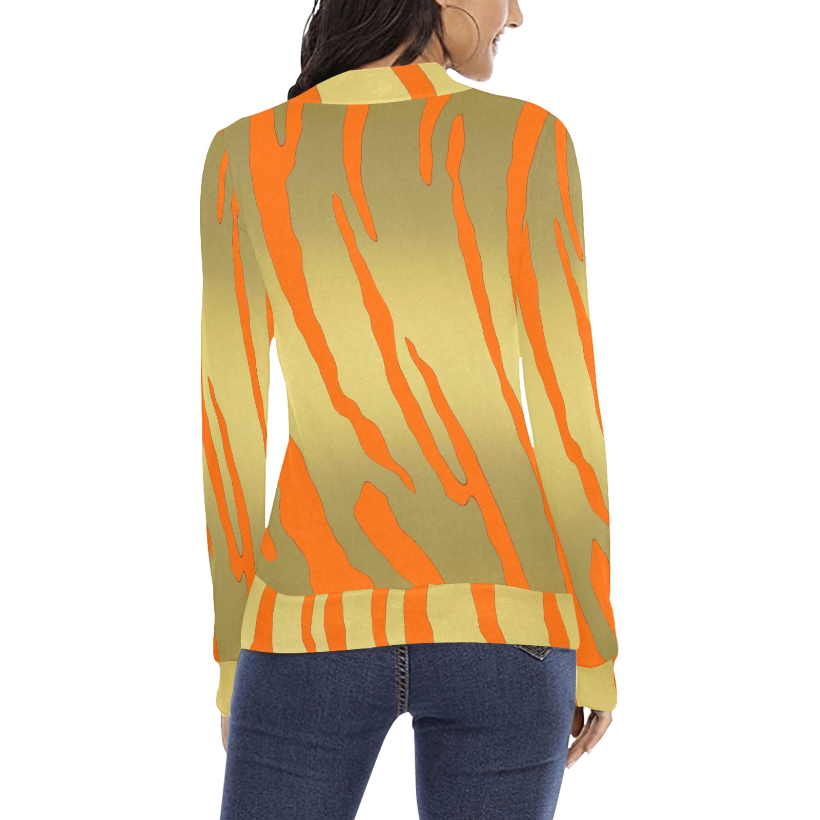 Gold Tiger Stripes Orange Women's All Over Print Mock Neck Sweatshirt (Model H43)