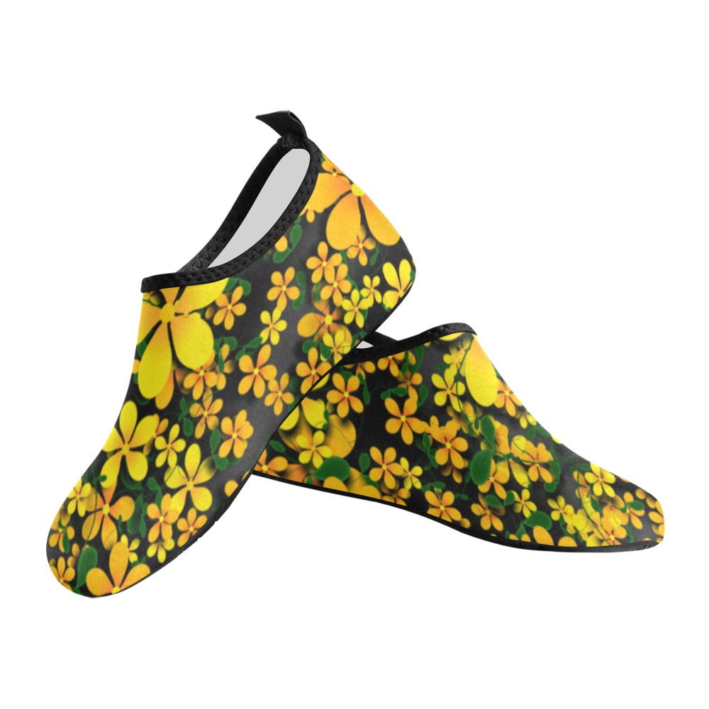 Orange & Yellow Flowers on Black Women's Slip-On Water Shoes (Model 056)