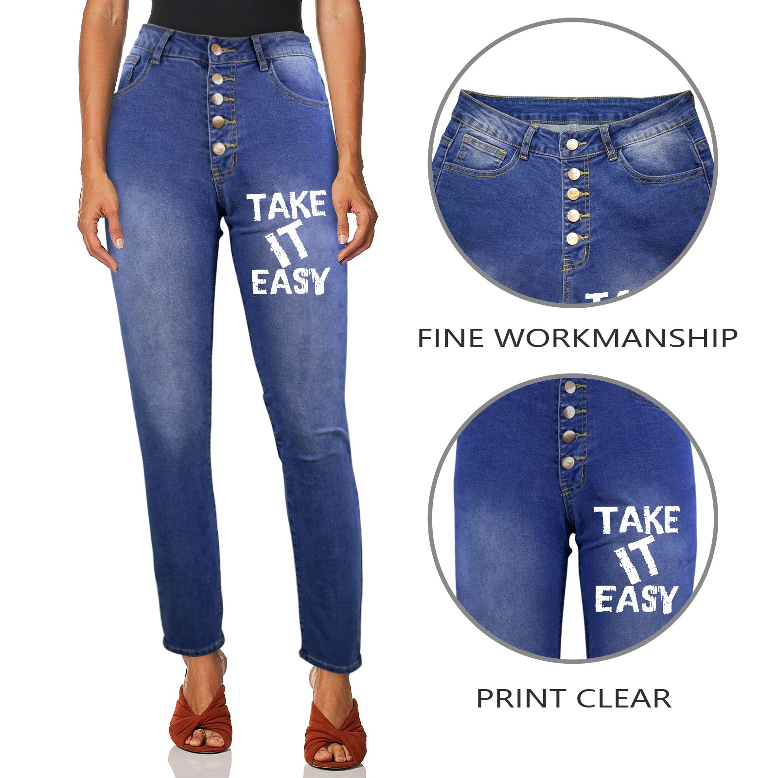 Take it easy charming white text, typography art. Women's Jeans (Front Printing)