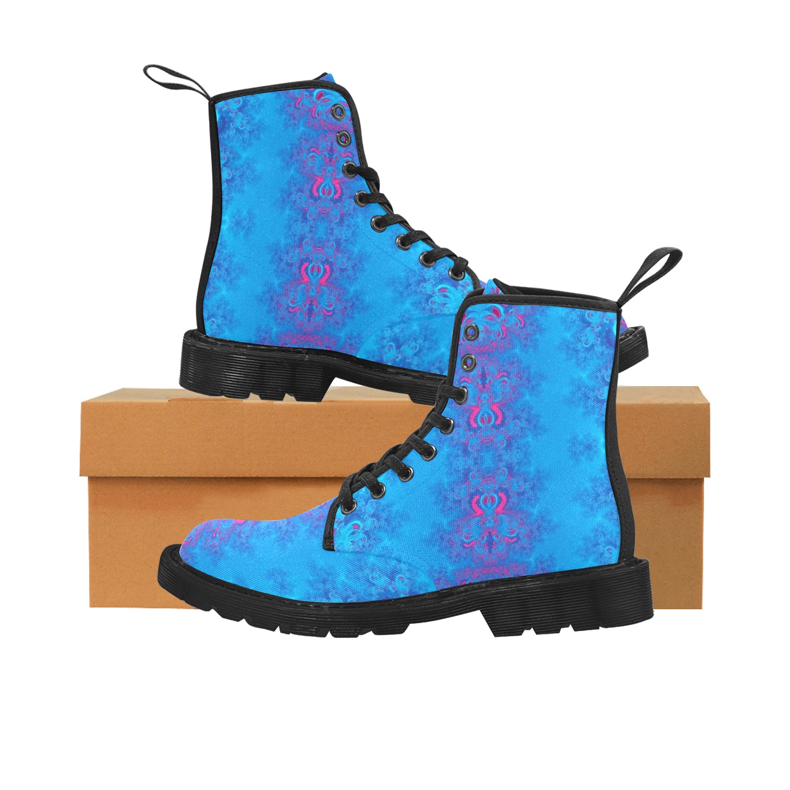 Blue Flowers on the Ocean Frost Fractal Martin Boots for Women (Black) (Model 1203H)