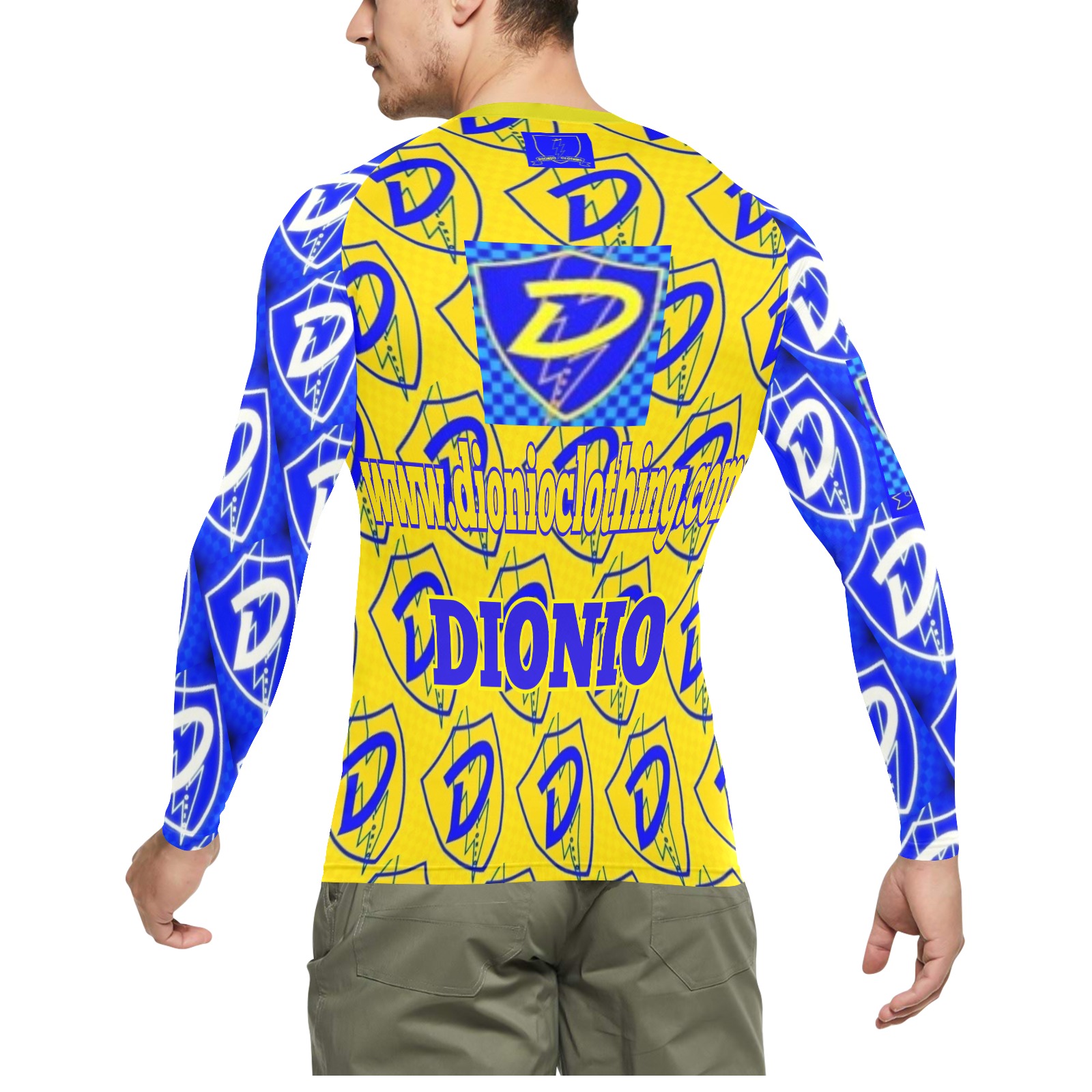 DIONIO Clothing - Blue ,Yellow & White Long Sleeve Swim Shirt (Blue & Yellow Shield Logo) Men's Long Sleeve Swim Shirt (Model S39)