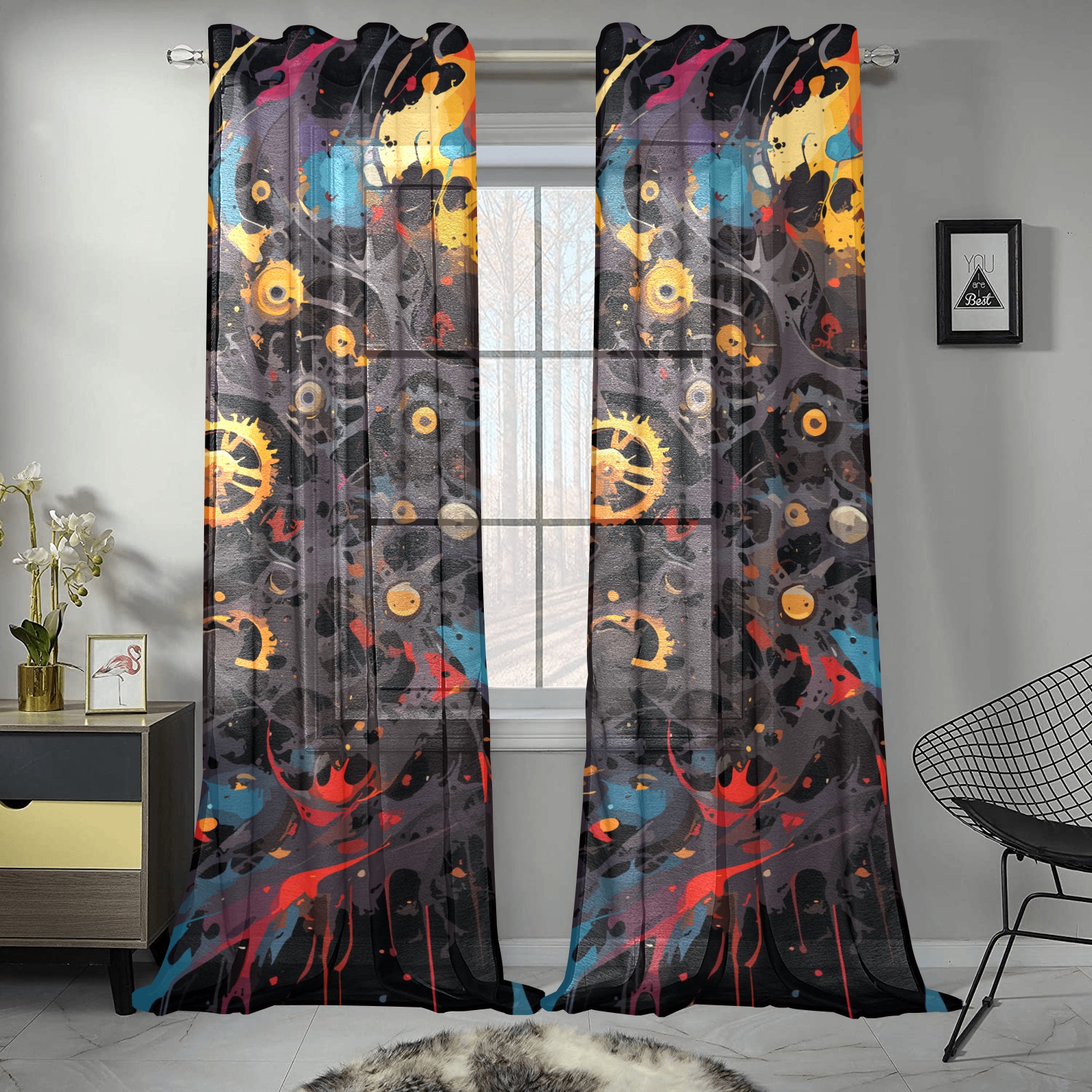 Colorful mechanical abstract art. Dark background Gauze Curtain 28"x95" (Two-Piece)