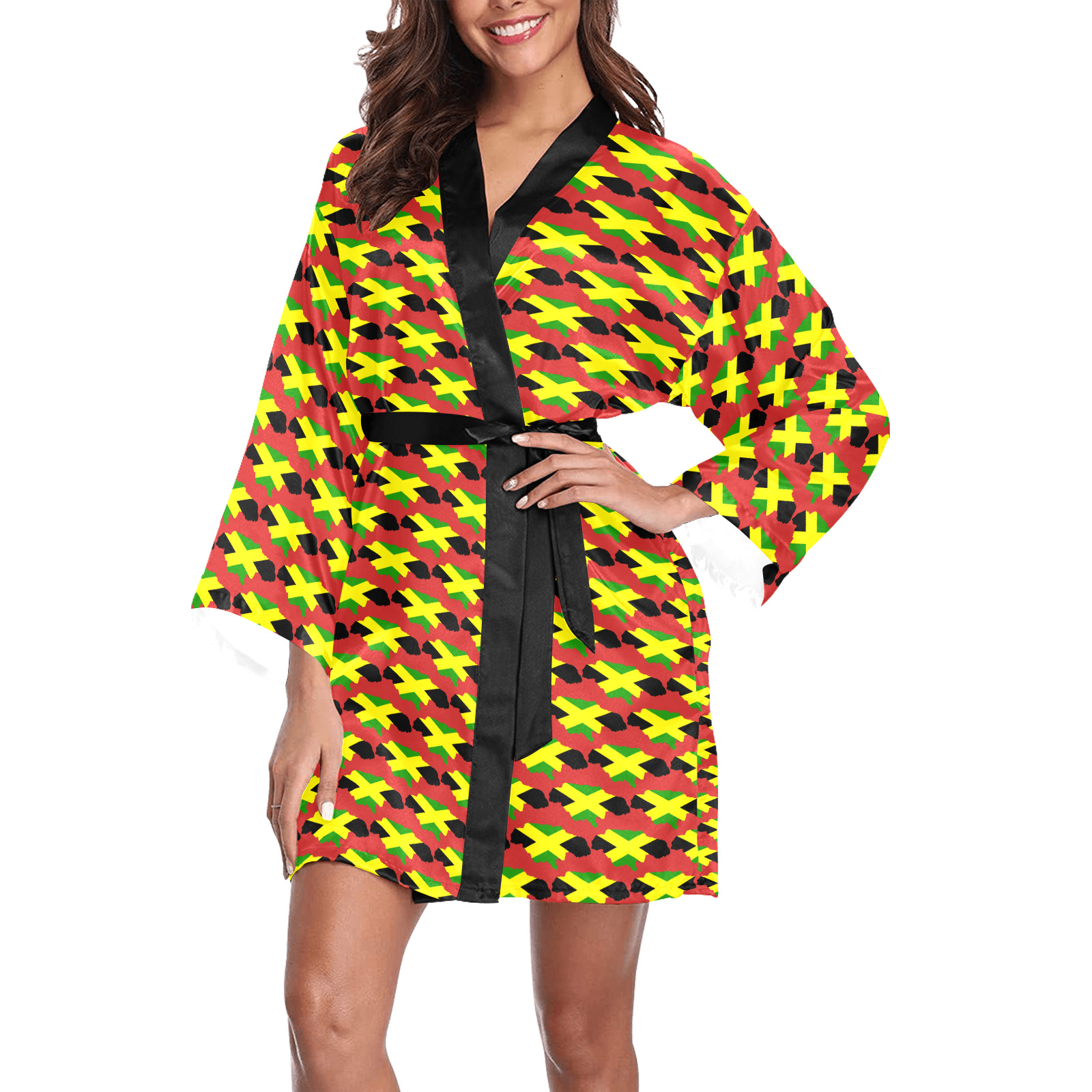 Jamaican Flag Maps Red Long Sleeve Kimono Robe