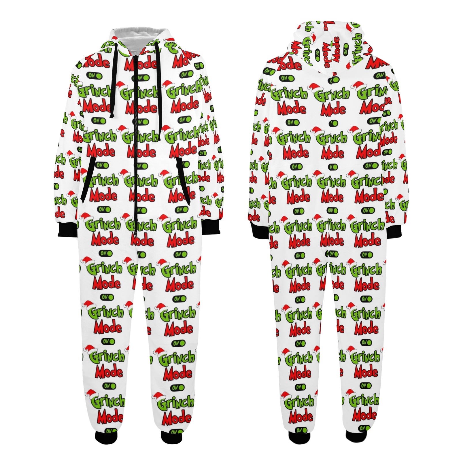 Grinch Mode On Onesie Unisex One-Piece Zip Up Hooded Pajamas