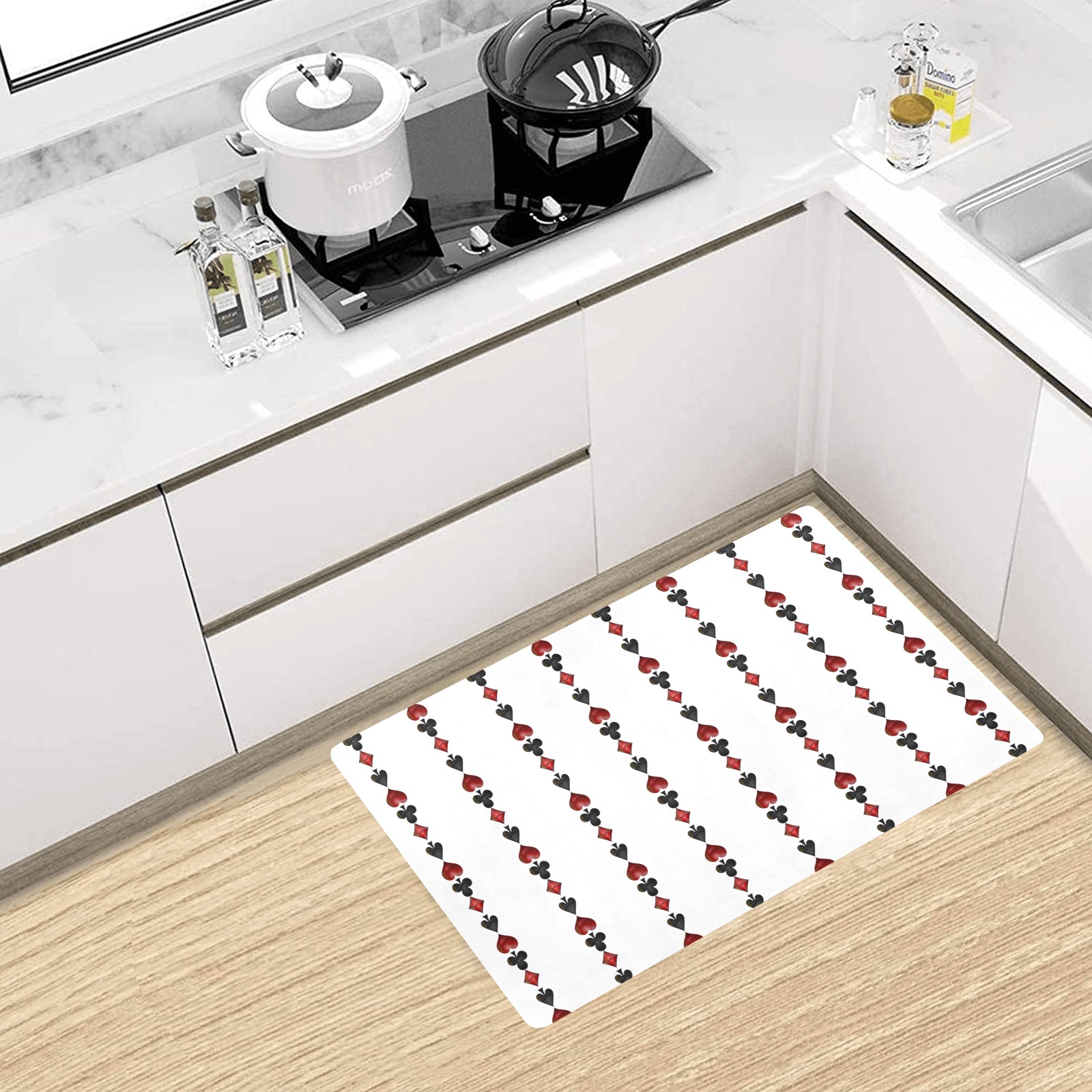 Black Red Playing Card Shapes / White Kitchen Mat 28"x17"
