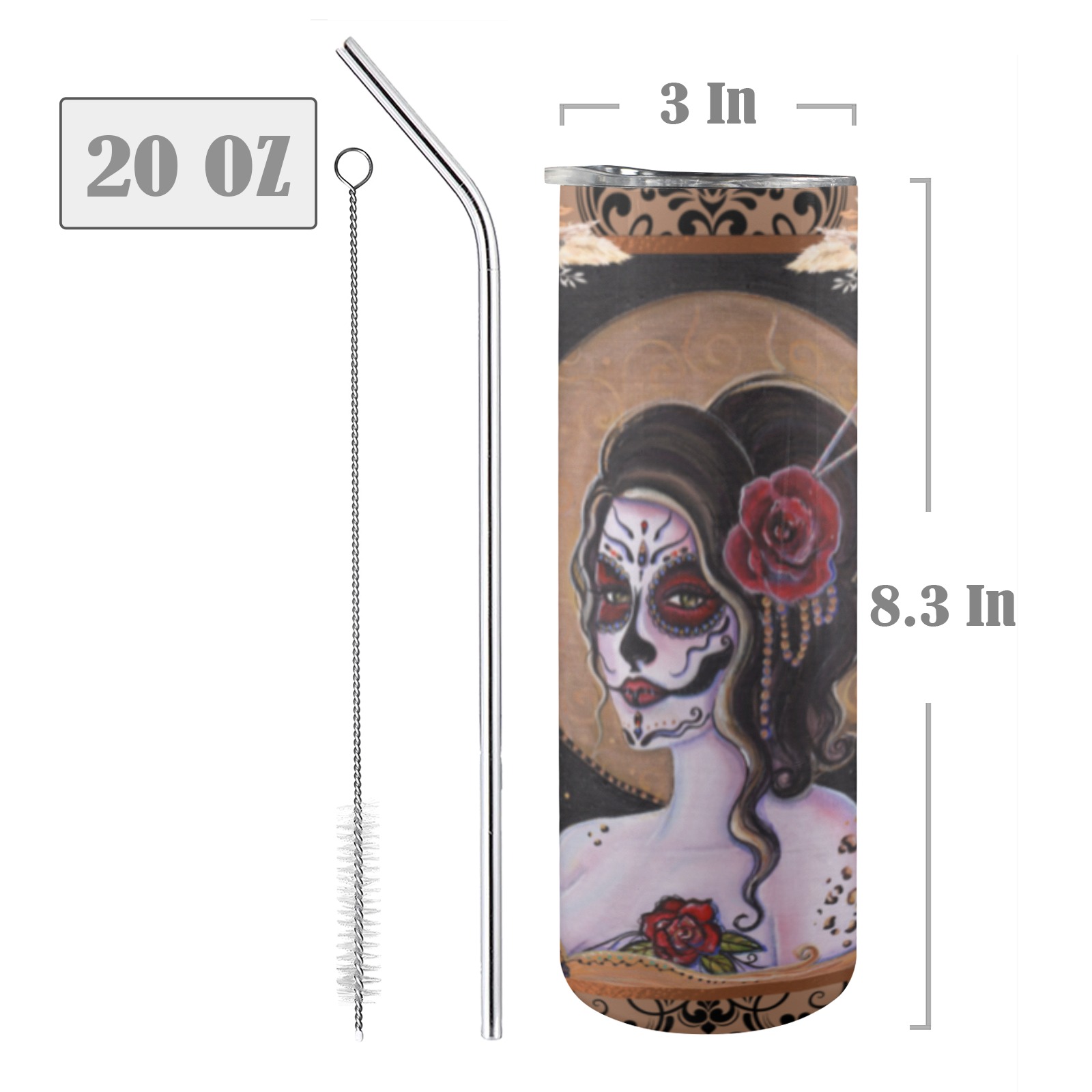 Bella day of the dead 20oz Tall Skinny Tumbler with Lid and Straw