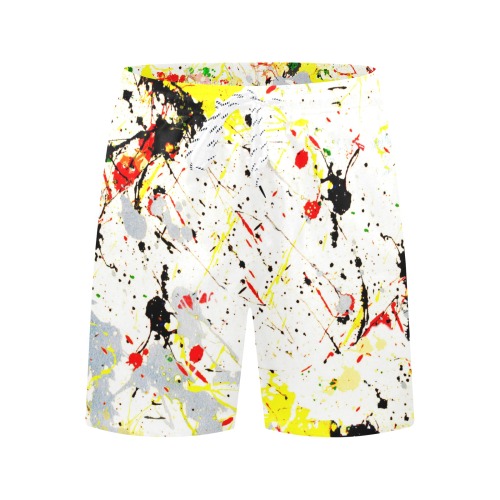 Yellow & Black Paint Splatter Men's Mid-Length Beach Shorts (Model L51)