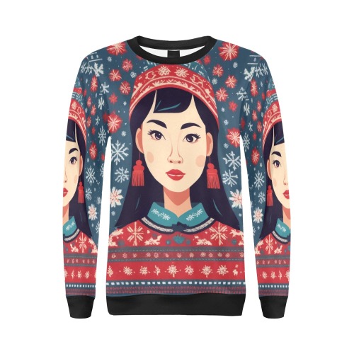 Adorable Chinese girl, snowflakes, red and blue. All Over Print Crewneck Sweatshirt for Women (Model H18)