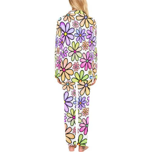 Watercolor Rainbow Doodle Daisy Flower Pattern Women's Long Pajama Set