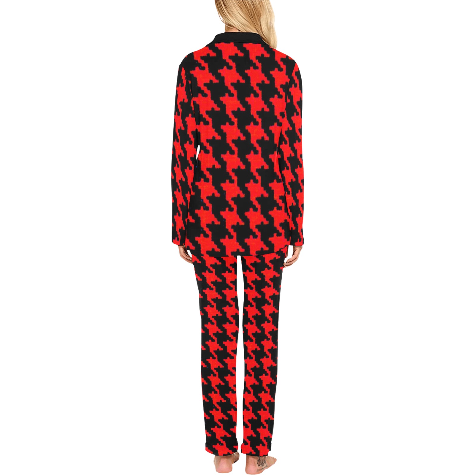 Black and Red Large Size Houndstooth Pattern Women's Long Pajama Set