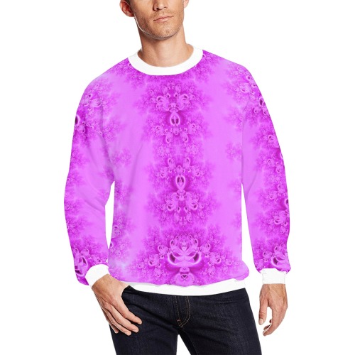 Soft Violet Flowers Frost Fractal All Over Print Crewneck Sweatshirt for Men (Model H18)