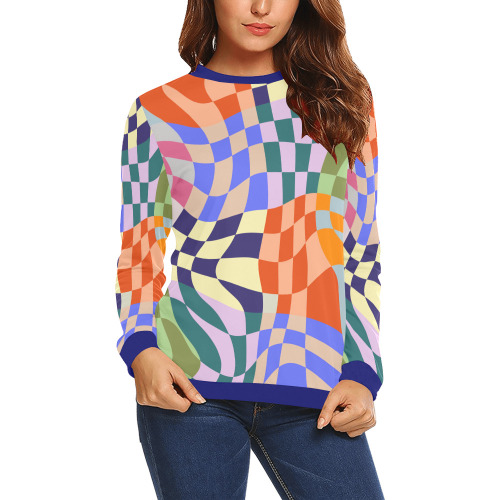 Wavy Groovy Geometric Checkered Retro Abstract Mosaic Pixels All Over Print Crewneck Sweatshirt for Women (Model H18)