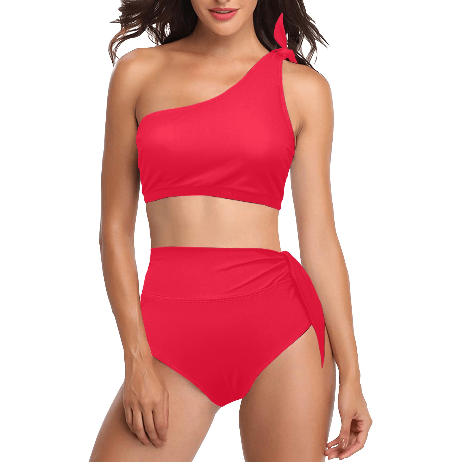 color Spanish red High Waisted One Shoulder Bikini Set (Model S16)