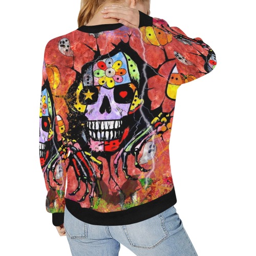 Skull of Halloween by Nico Bielow Women's Rib Cuff Crew Neck Sweatshirt (Model H34)