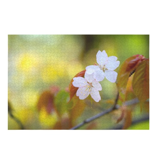 Two sakura cherry flowers, colorful background. 1000-Piece Wooden Jigsaw Puzzle (Horizontal)
