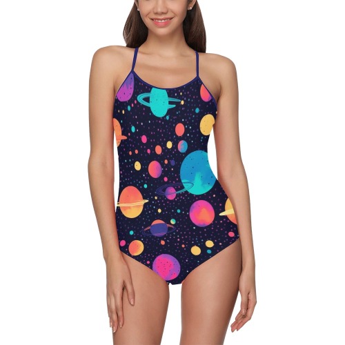 Planets colorful on black background Strap Swimsuit ( Model S05)