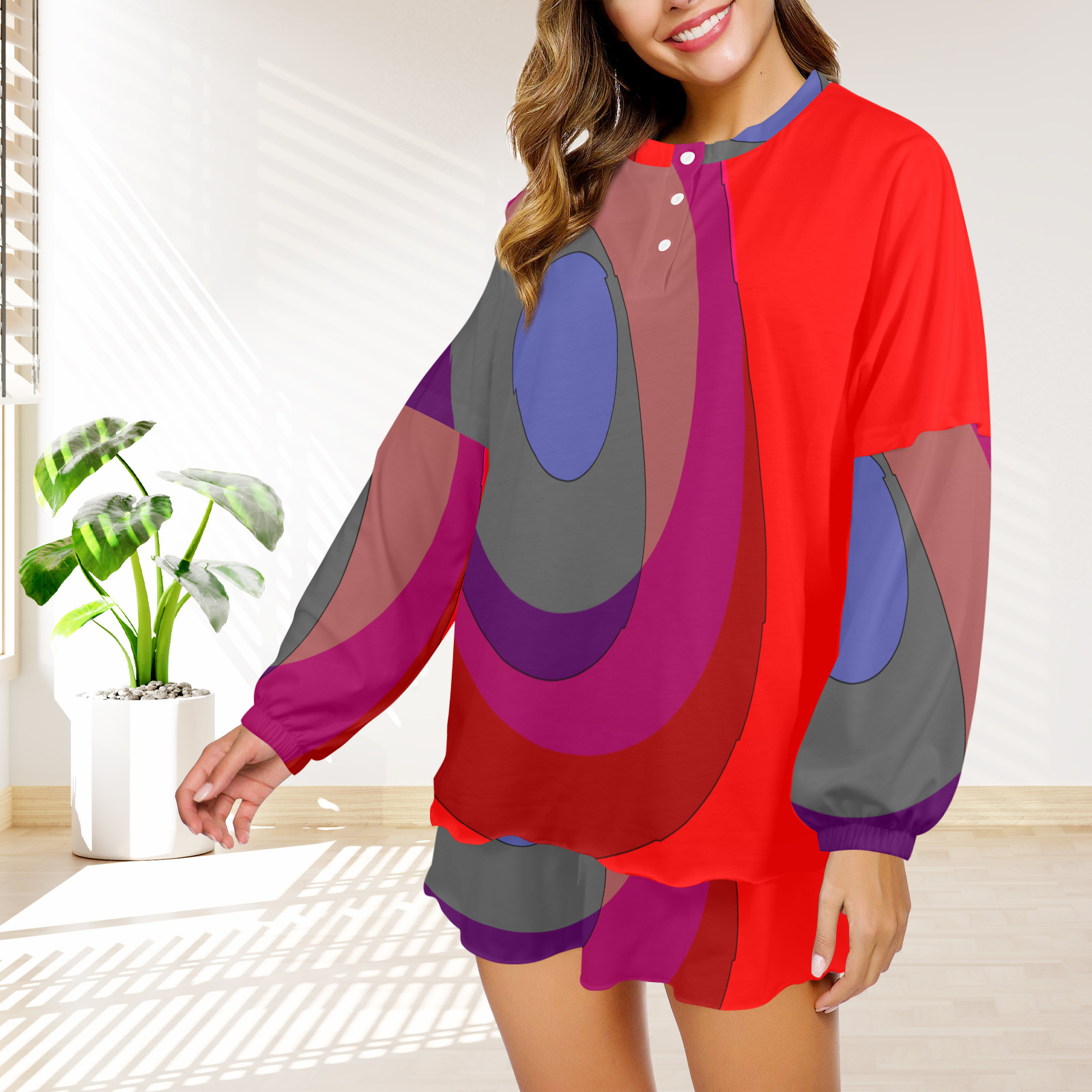 Red Abstract 714 Women's Long Sleeve Mid-Length Shorts Pajama Set