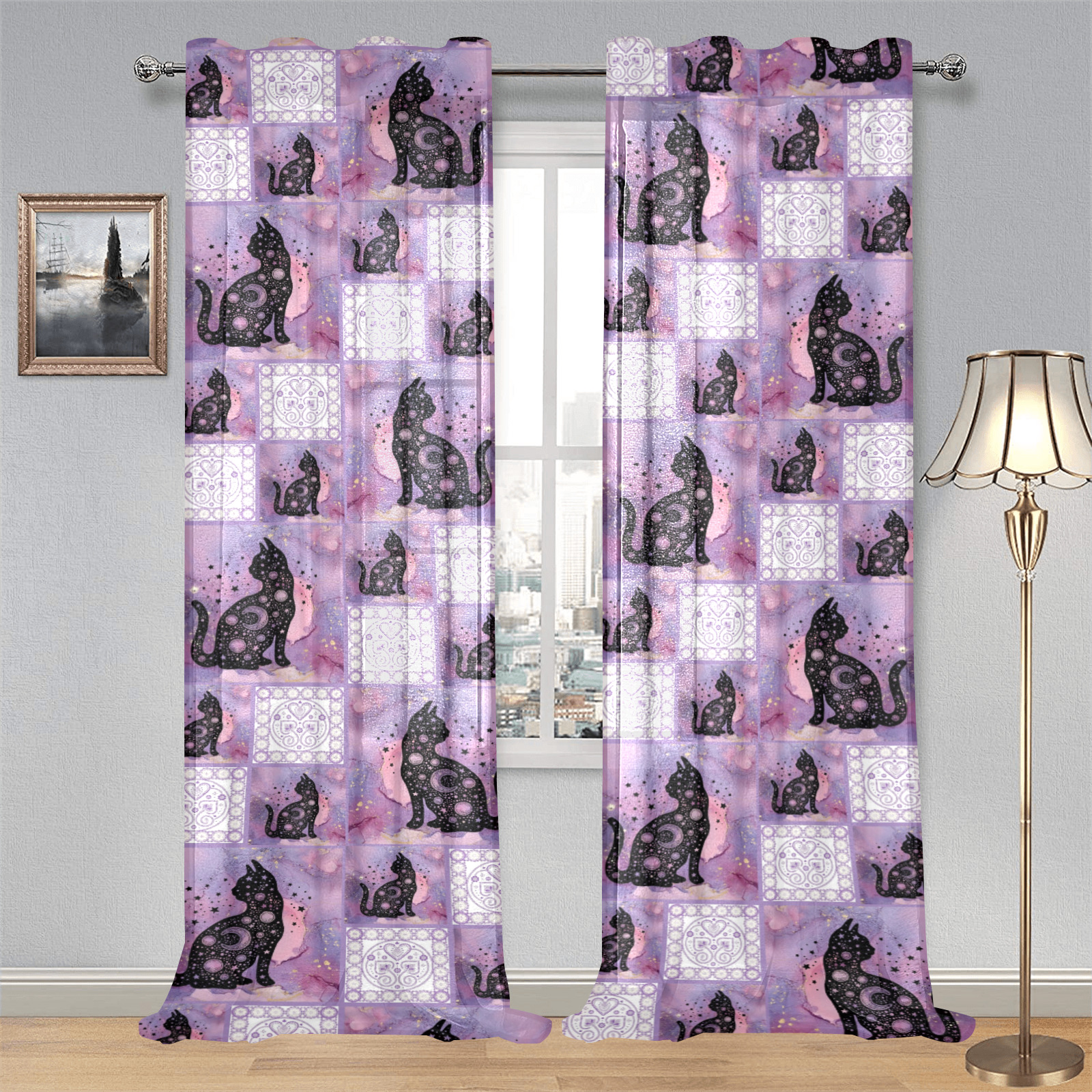 Purple Cosmic Cats Patchwork Pattern Gauze Curtain 28"x95" (Two-Piece)