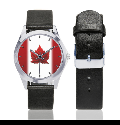 Cool Canada Flag Wristwatches Unisex Silver-Tone Round Leather Watch (Model 216)
