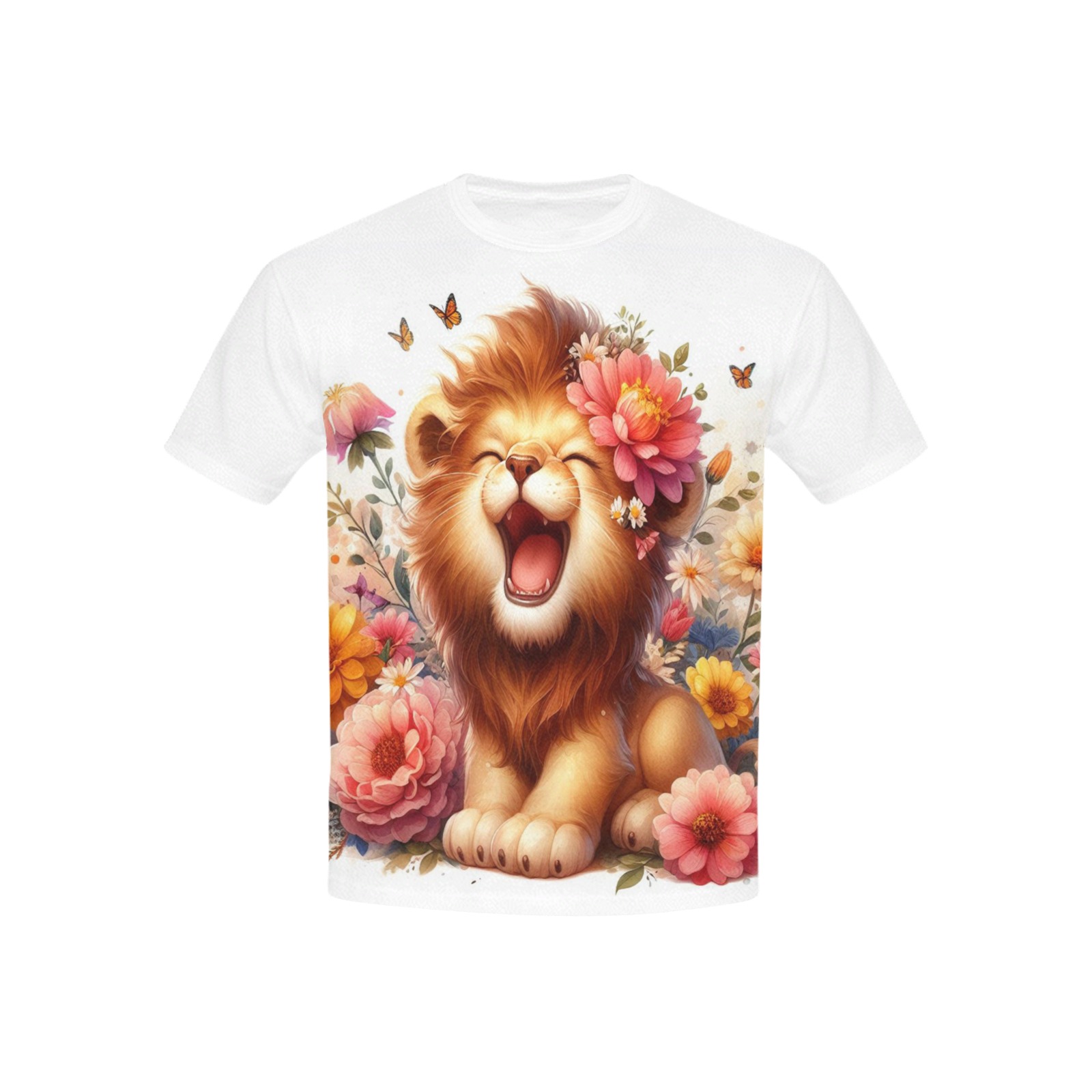 Watercolor Lion 2 Kids' Mesh Cloth T-Shirt with Solid Color Neck (Model T40)