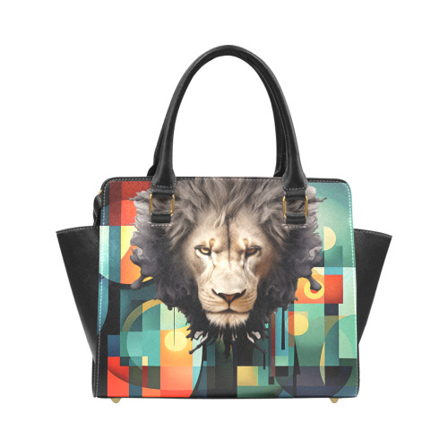 Lion On Cubism Pattern Rivet Shoulder Handbag (Model 1645)