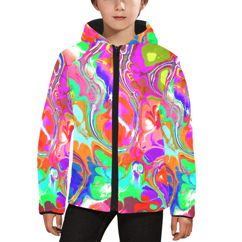 Psychedelic Abstract Marble Artistic Dynamic Paint Art Kids' Padded Hooded Jacket (Model H45)