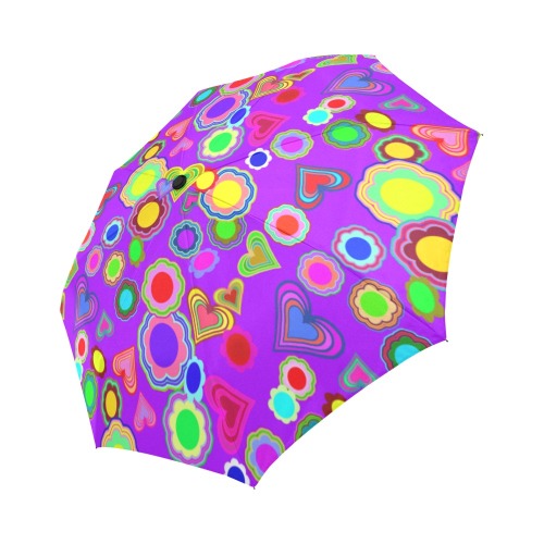 Groovy Hearts and Flowers Purple Auto-Foldable Umbrella (Model U04)