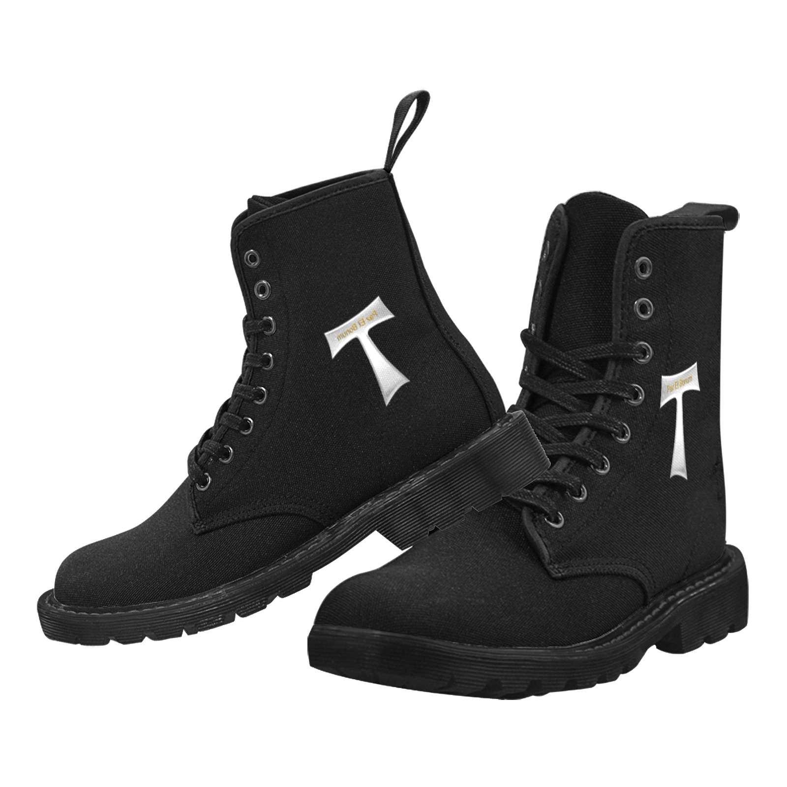 Franciscan Tau Cross Pax Et Bonum Silver Metallic Martin Boots for Women (Black) (Model 1203H)