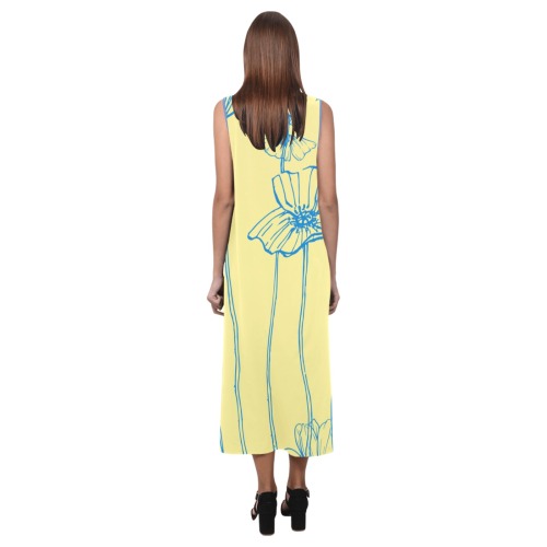 Blue Poppies Long Tank Dress Yellow Phaedra Sleeveless Open Fork Long Dress (Model D08)