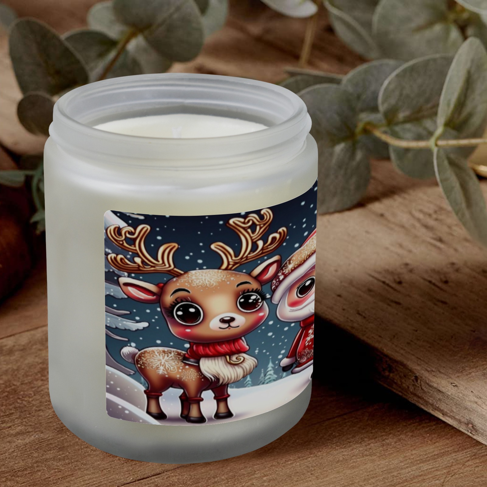 Santa and Reindeer Frosted Glass Candle Cup - Large Size (Lavender&Lemon)