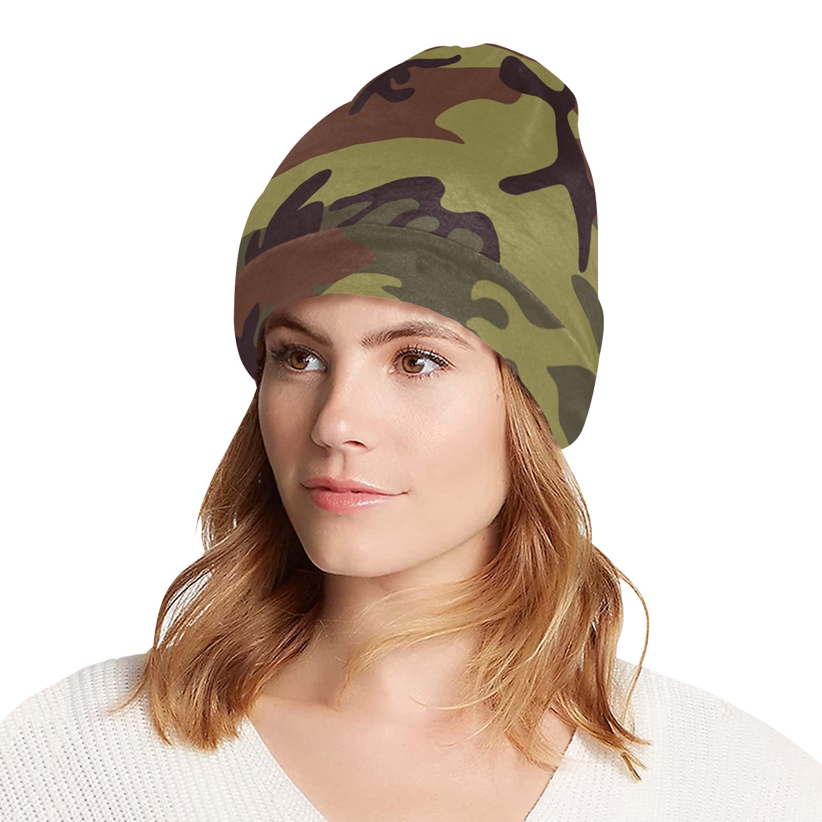 Camo Green Brown All Over Print Beanie for Adults