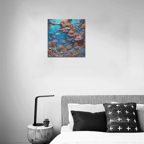 Golden fishes and colorful corals. Ocean reef art. Upgraded Canvas Print 16"x16"