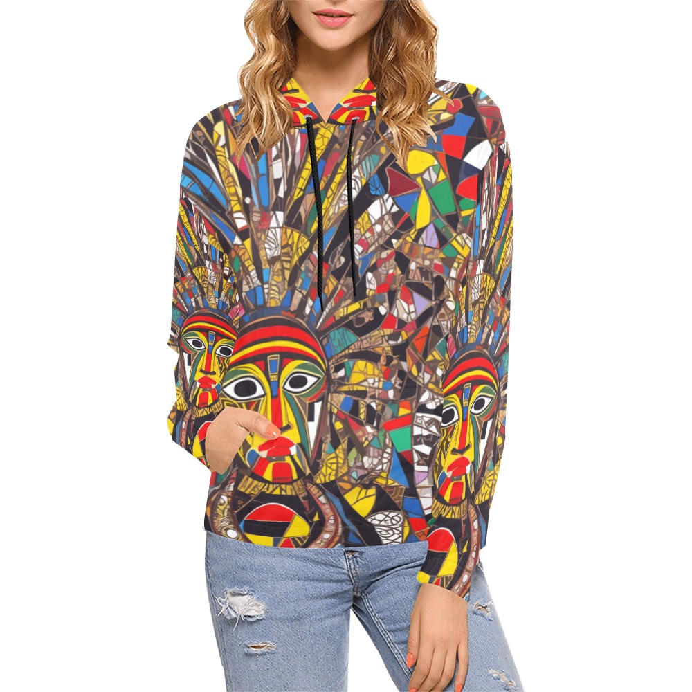 Abstract African mask with feathers colorful art. All Over Print Hoodie for Women (USA Size) (Model H13)
