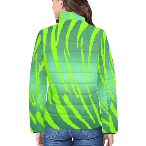 Metallic Tiger Stripes Greens Women's Stand Collar Padded Jacket (Model H41)