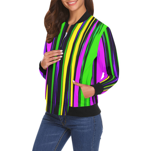 Mardi Gras Stripes All Over Print Bomber Jacket for Women (Model H19)