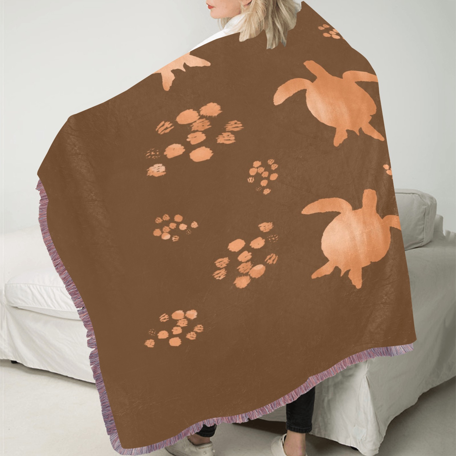 Sea turtles on Brown Ultra-Soft Fringe Blanket 60"x80" (Mixed Pink)