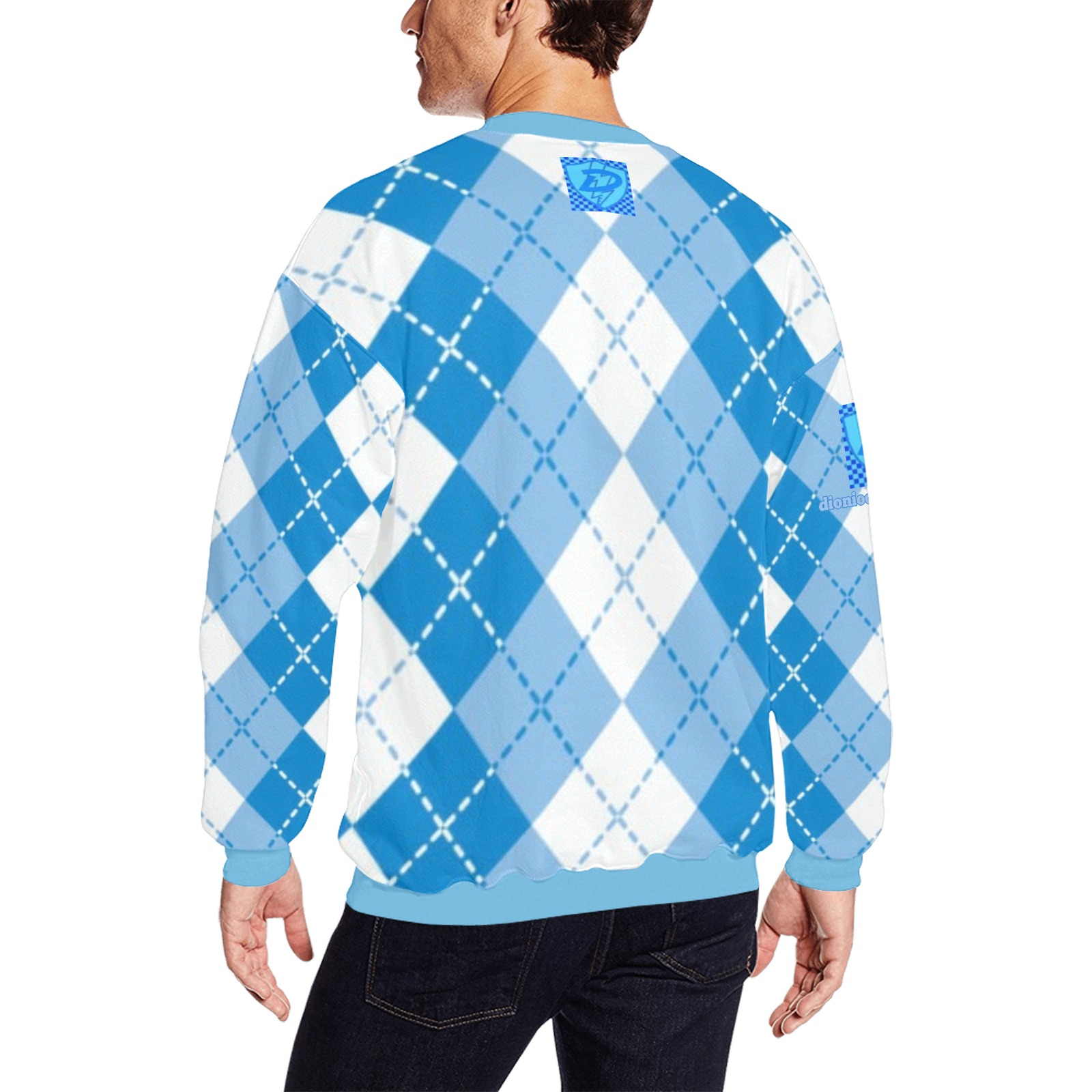 DIONIO Clothing - Argyle Sky Blue, & White Diamond Sweatshirt (Sky Blue D-Shield Logo) Men's Oversized Fleece Crew Sweatshirt (Model H18)