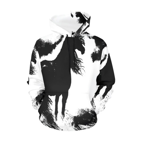 Horse Long Hair - Black - Clouds - Grass Transparent All Over Print Hoodie for Men (USA Size) (Model H13)
