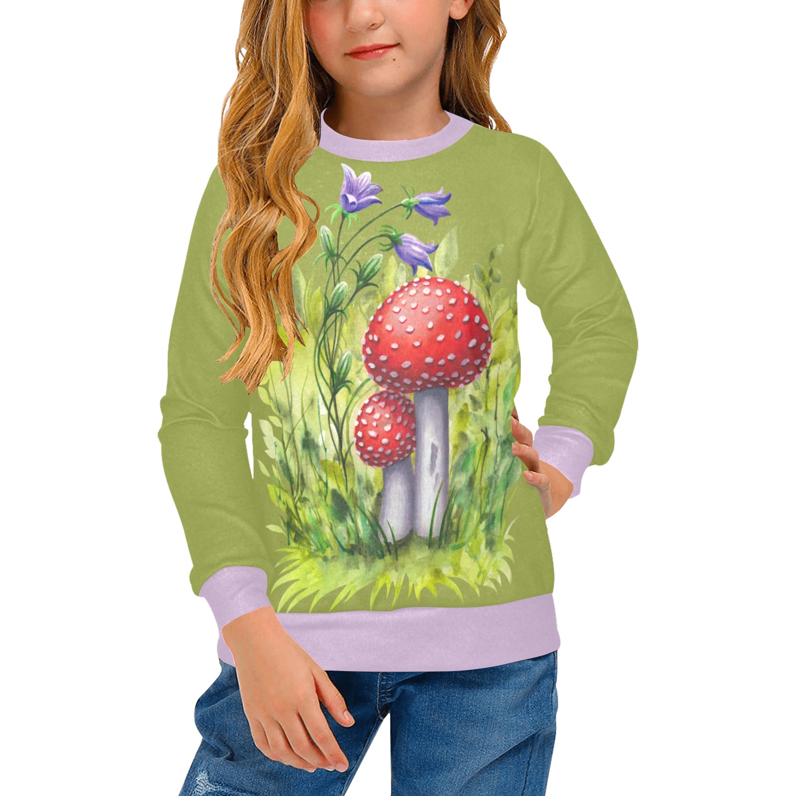 Red Mushroom Violet Flower Floral Watercolors Iva West Girls' All Over Print Crew Neck Sweater (Model H49)