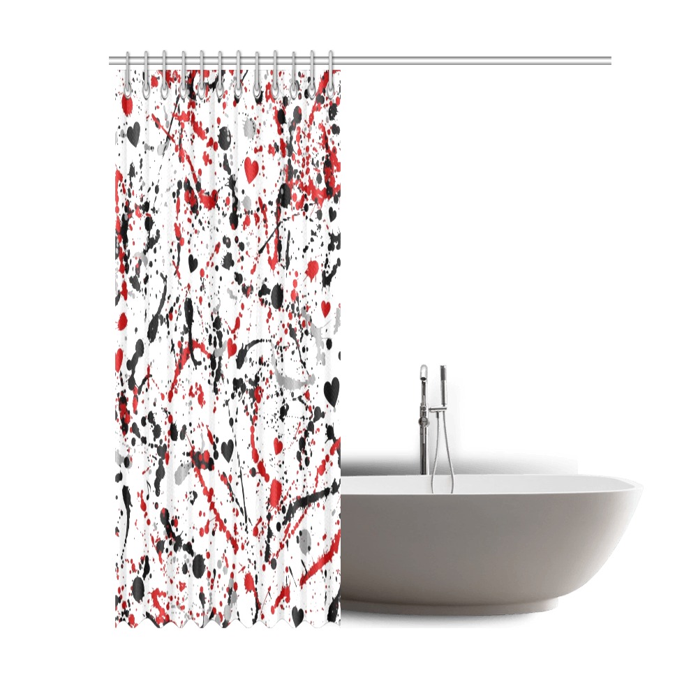 Artistic Hearts Paint Splatter Red black & Grey Shower Curtain 69 x 84". Shower Curtain 69"x84"