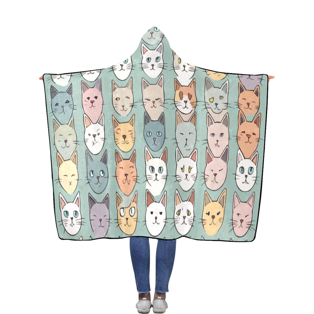 Rows of colorful abstract cat faces. Flannel Hooded Blanket 56''x80''