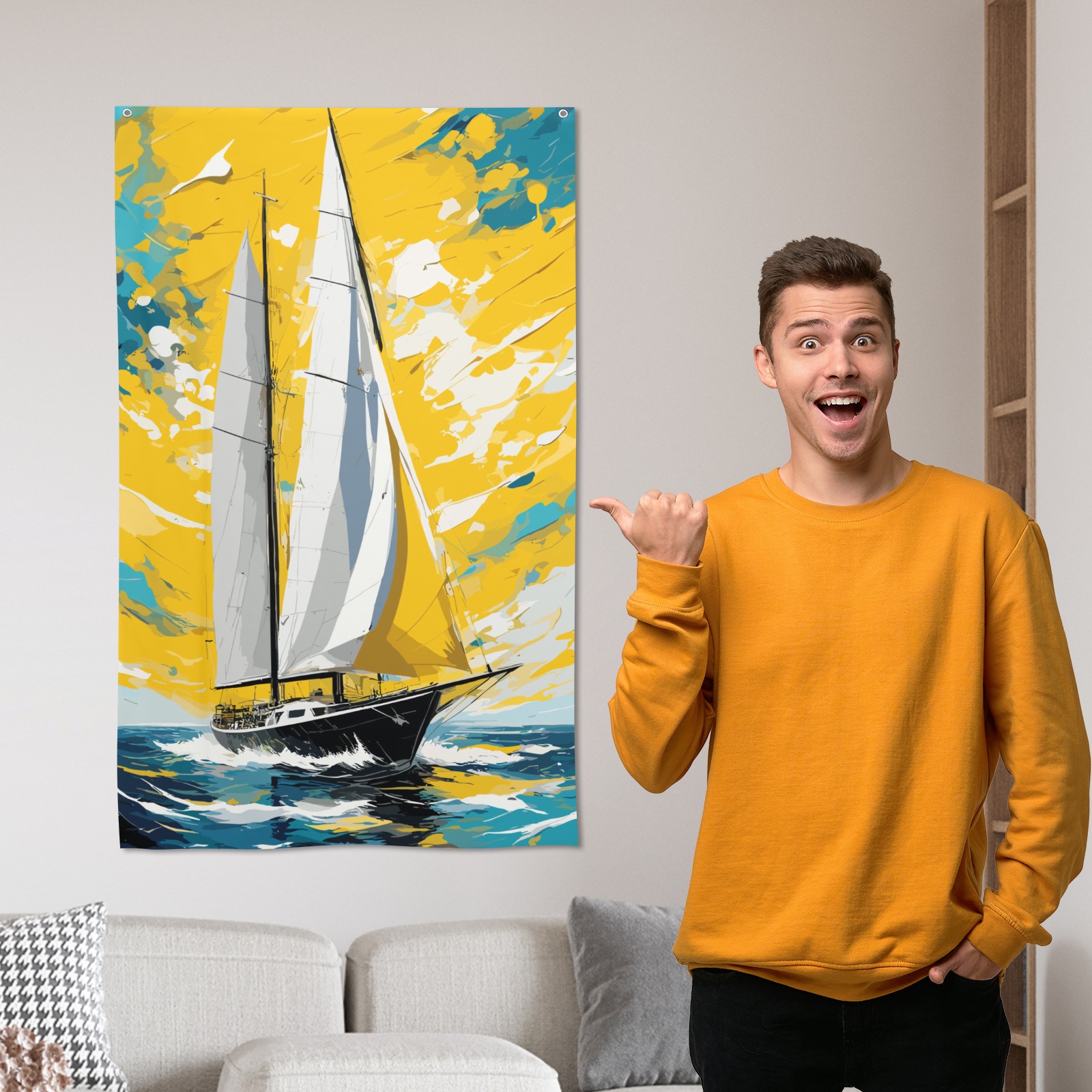 Fantasy sail boat at sea. Turquoise, yellow colors House Flag 34.5"x56"
