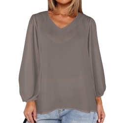 Coffee Quartz Women's Loose V-Neck Long Puff Sleeve Top (Model H70)