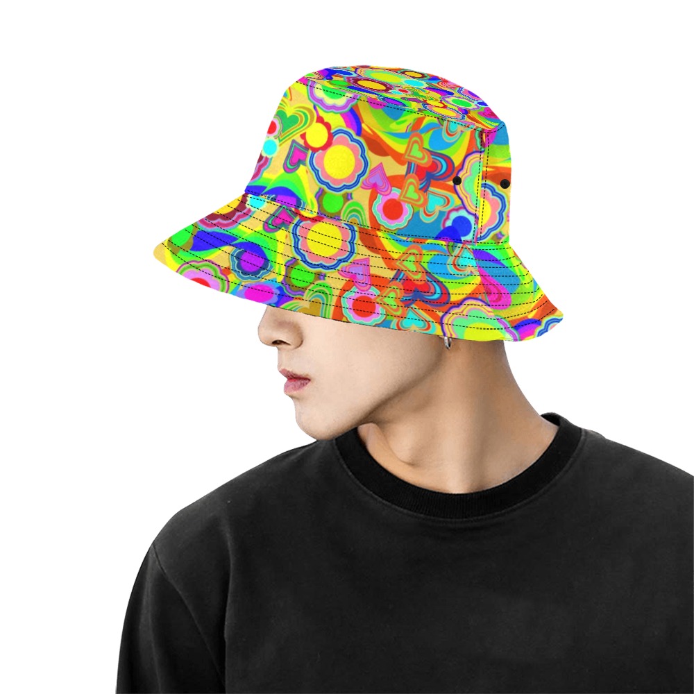 Groovy Hearts and Flowers All Over Print Bucket Hat for Men