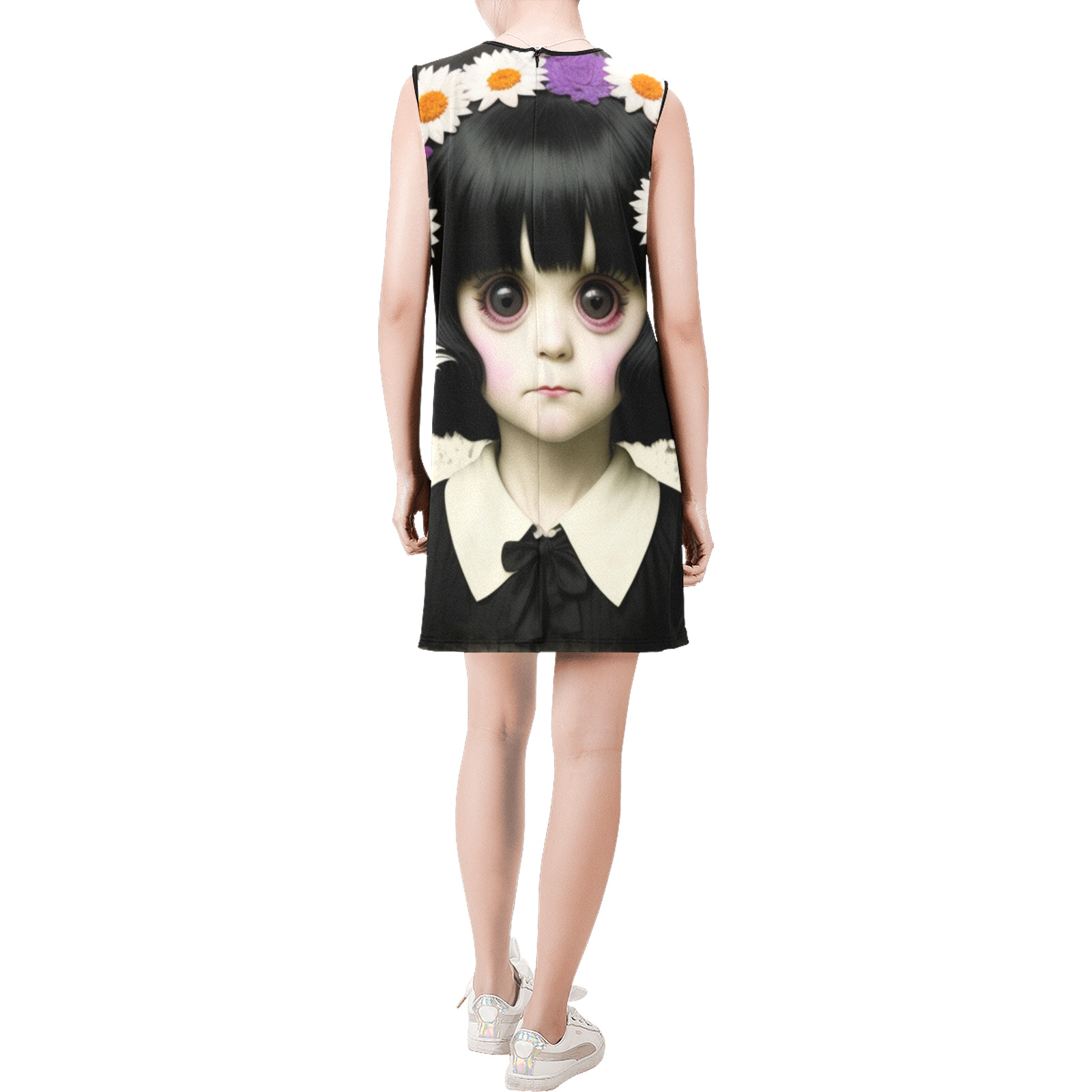 adorable gothic ghost girl 4 Sleeveless Round Neck Shift Dress (Model D51)