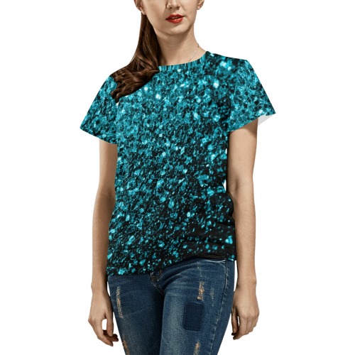Aqua blue glitters faux sparkles glamorous bling fashion for her All Over Print T-Shirt for Women (USA Size) (Model T40)