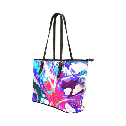 Blue White Pink Liquid Flowing Marbled Ink Abstract Leather Tote Bag/Large (Model 1651)