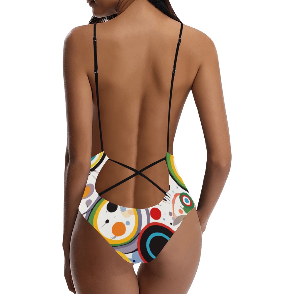 Beautiful abstrac art of circles, dots, lines. Sexy Lacing Backless One-Piece Swimsuit (Model S10)